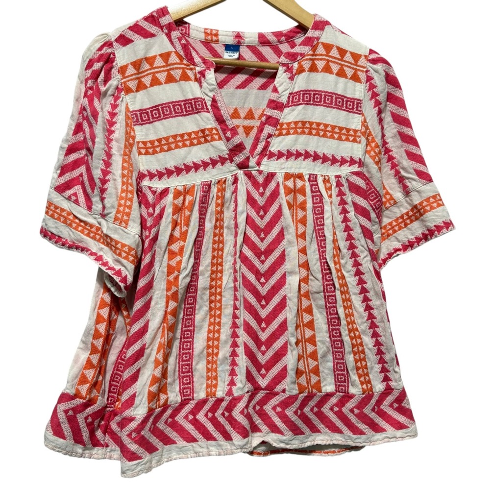 Old Navy Womens Babydoll Top L Pink Orange Aztec Geometric Boho Cottagecore